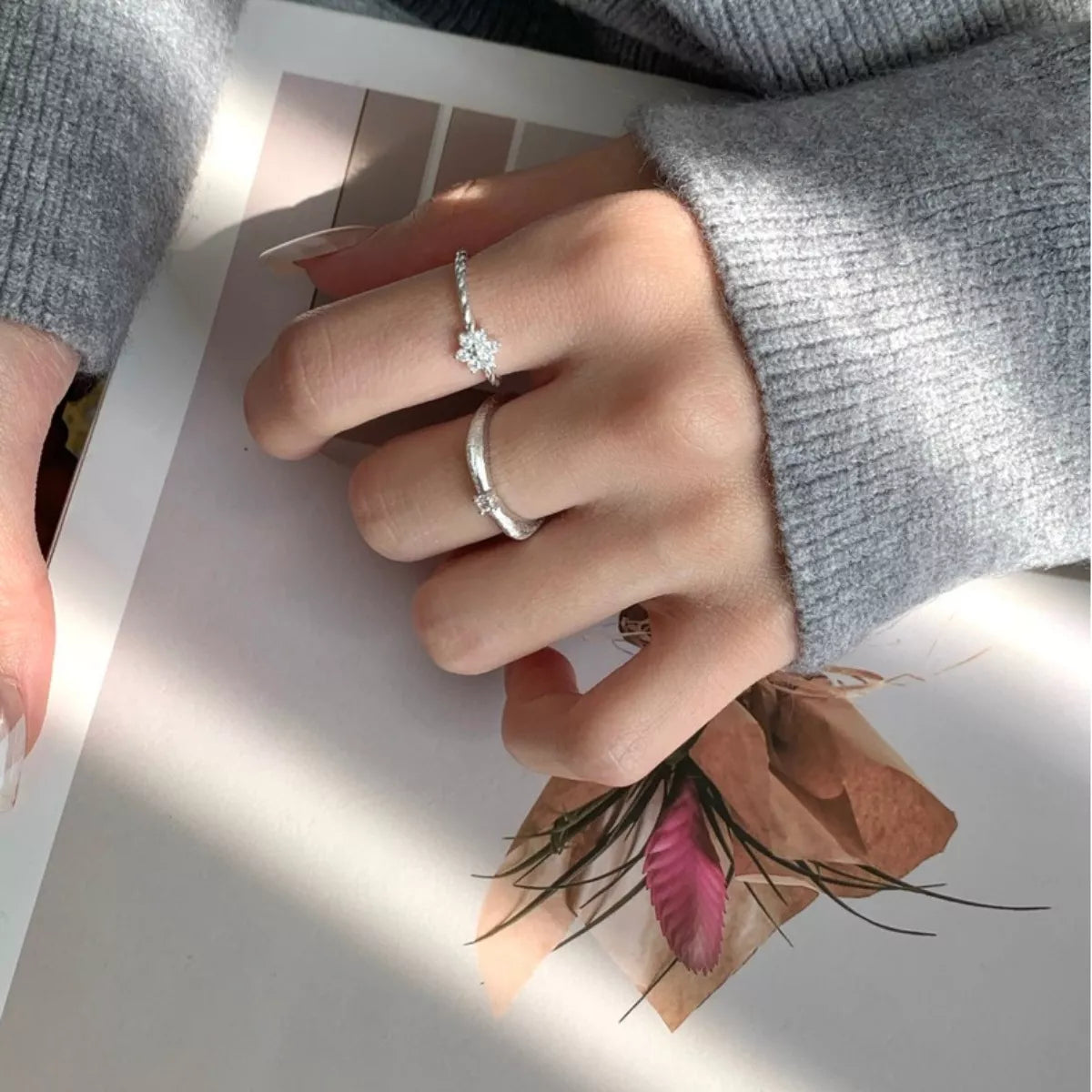 925 Sterling Silver Zircon Flower Open Ring – Elegant Jewelry - QandCo - trending