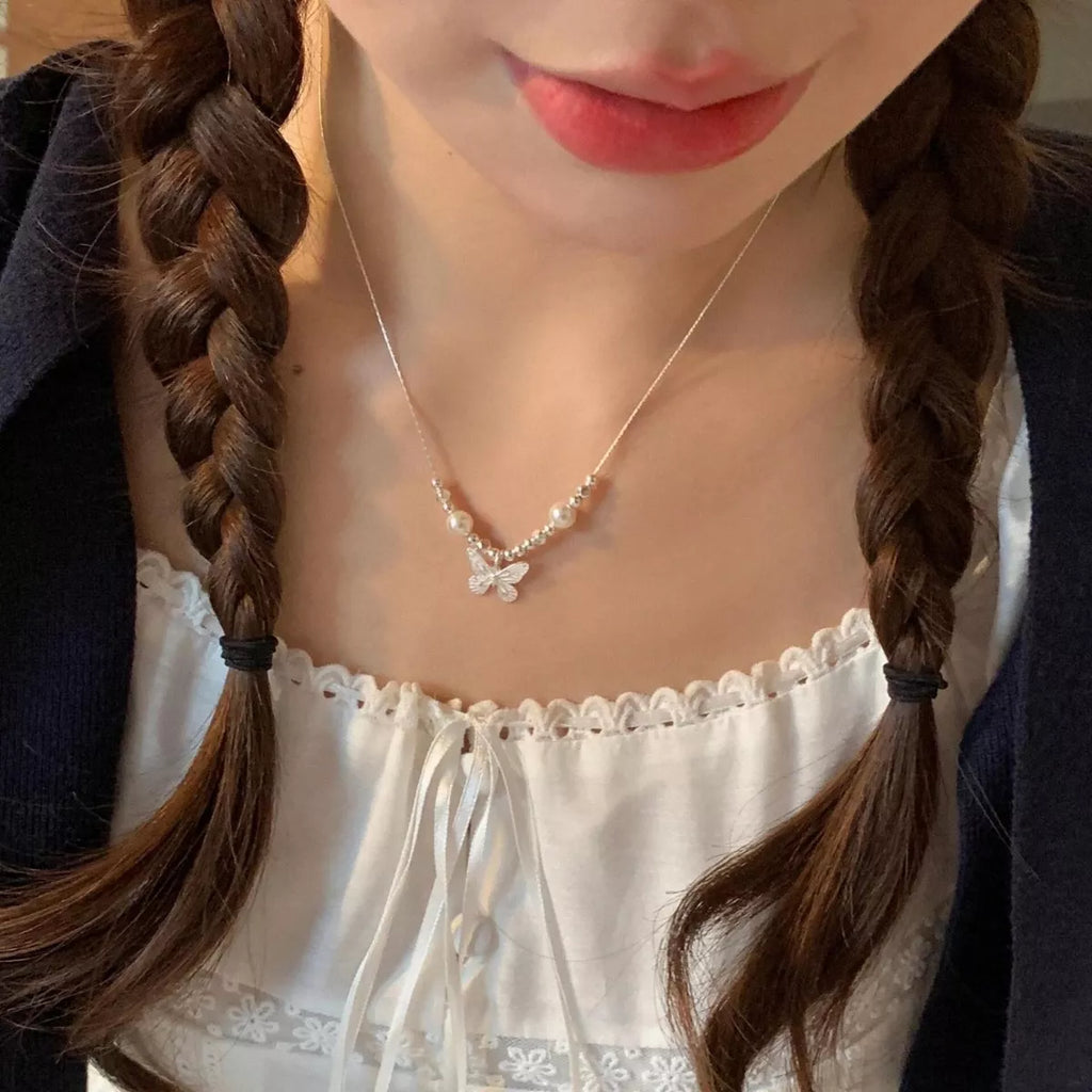 Butterfly Pearl Pendant Necklace – Sterling Silver Jewelry Silver One Size - QandCo - trending