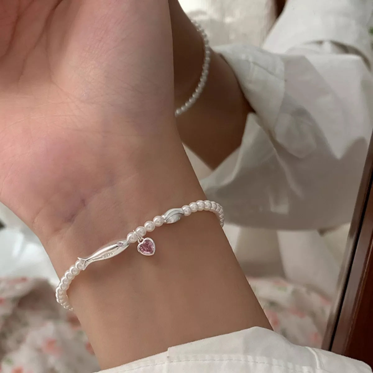 Pearl Fish Bracelet With Heart Charm – Sterling Silver Jewelry - QandCo - trending