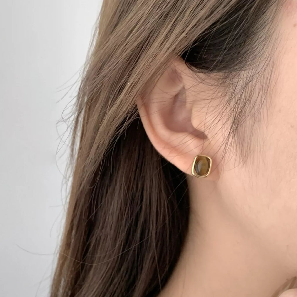 Square Tiger Eye Stud Earrings – Sterling Silver Gemstone - QandCo - trending