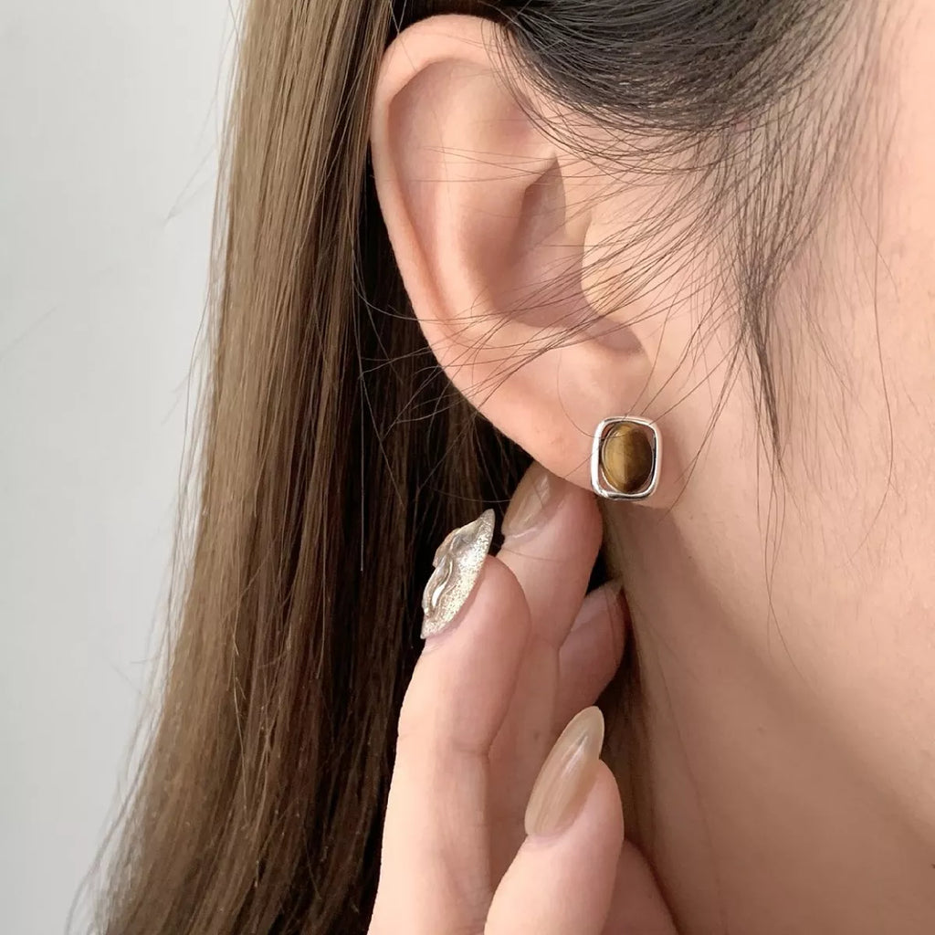 Square Tiger Eye Stud Earrings – Sterling Silver Gemstone - QandCo - trending