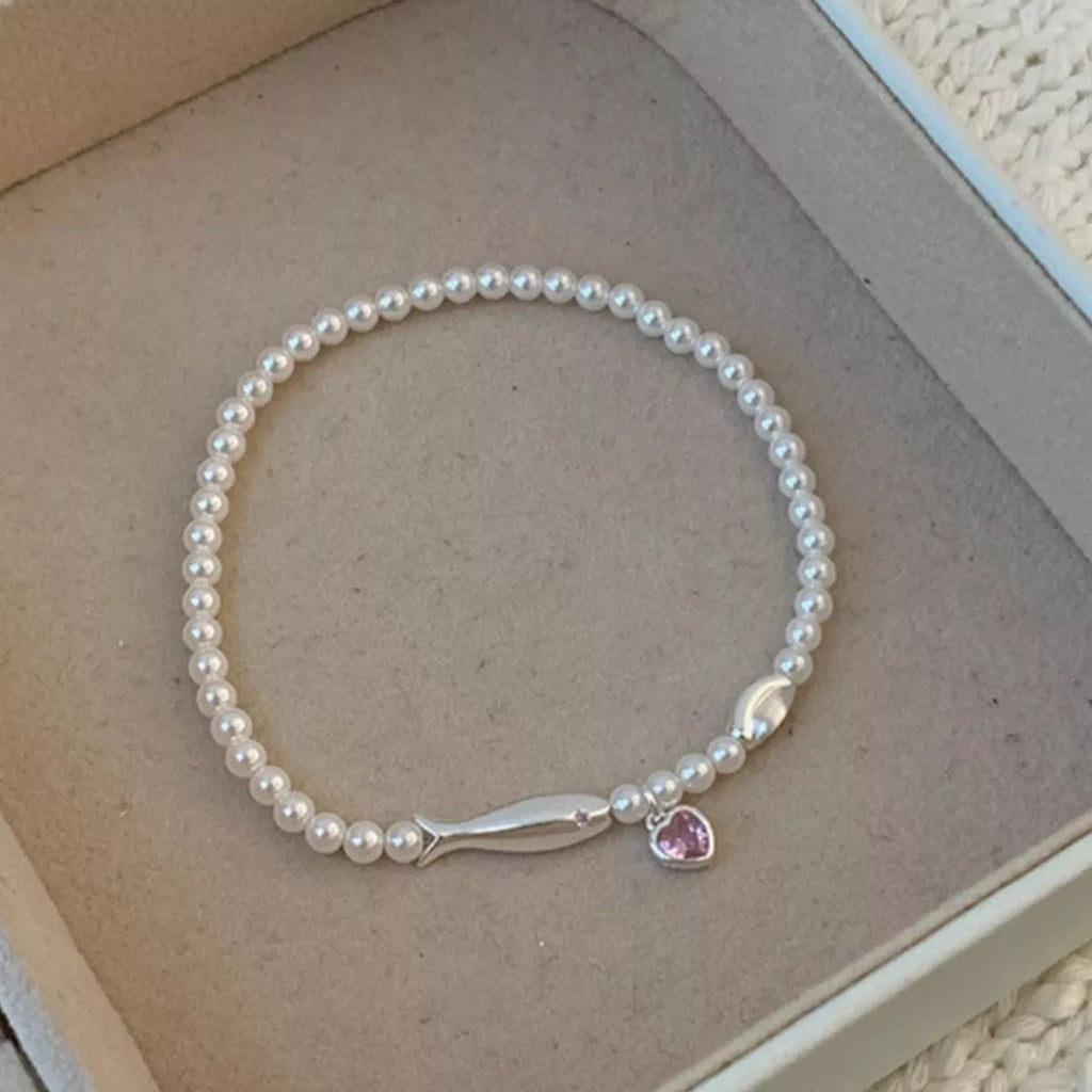Pearl Fish Bracelet With Heart Charm – Sterling Silver Jewelry - QandCo - trending