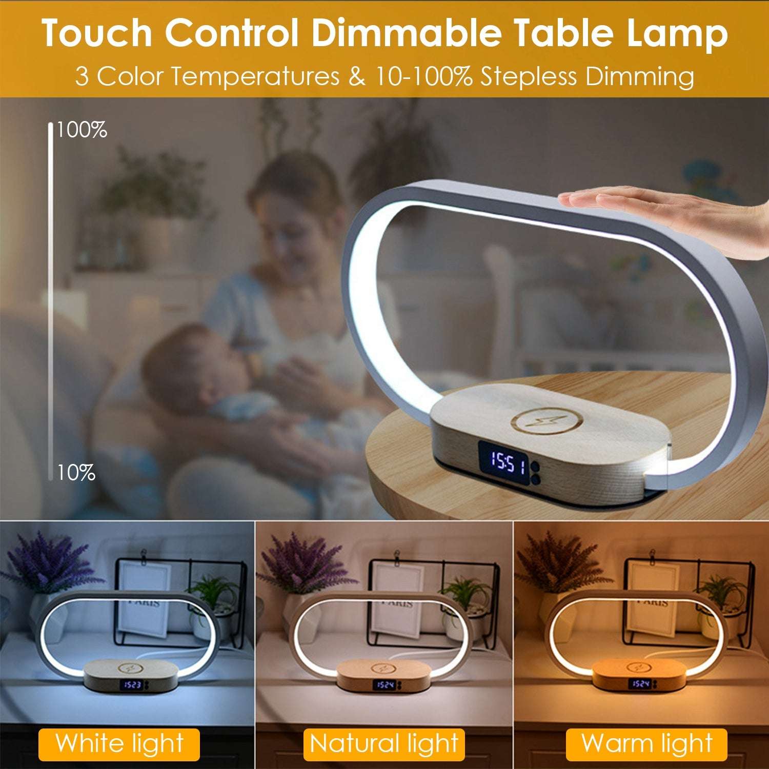 Touch Bedside Lamp with Clock & Wireless Charging – LED Desk - QandCo - trending