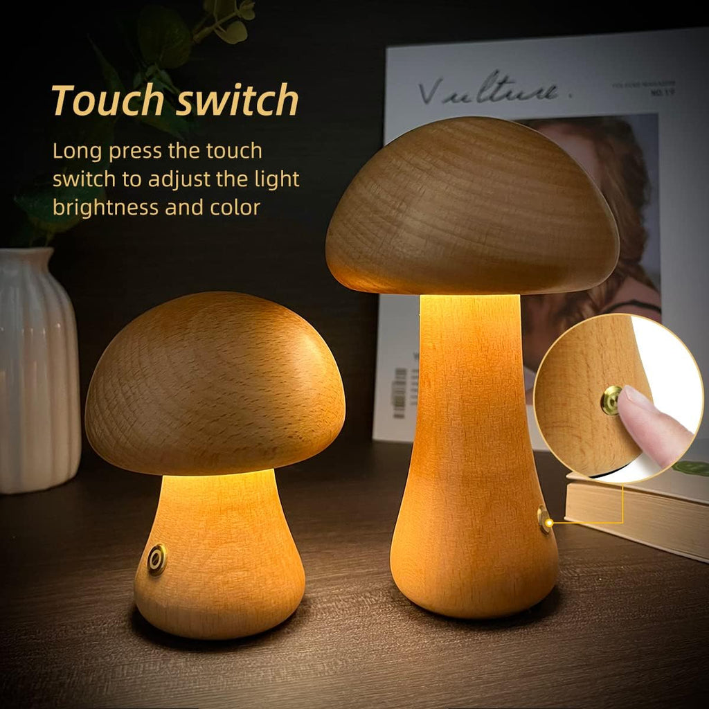 Wooden Mushroom LED Night Light – Touch Bedside Lamp - QandCo - trending