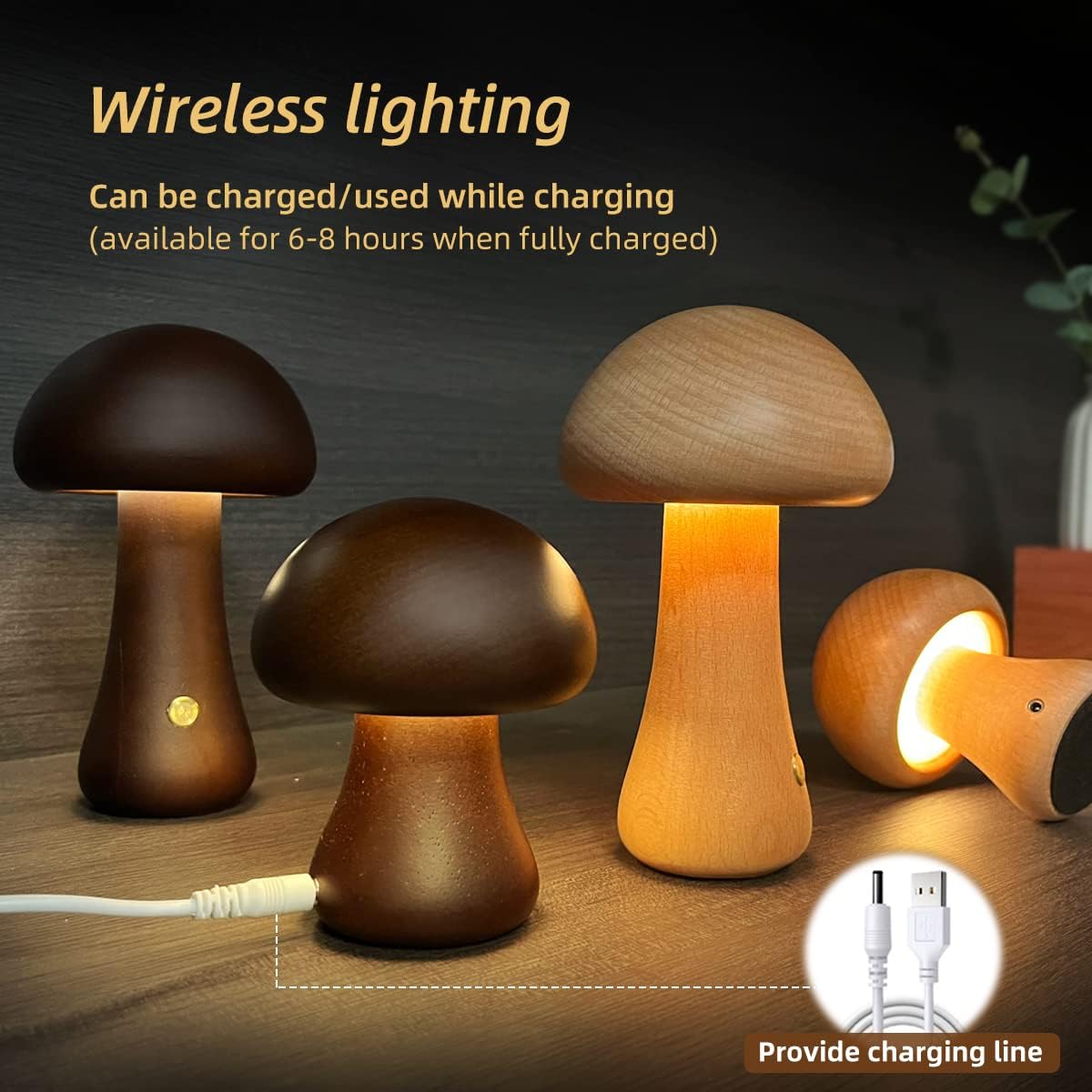 Wooden Mushroom LED Night Light – Touch Bedside Lamp - QandCo - trending