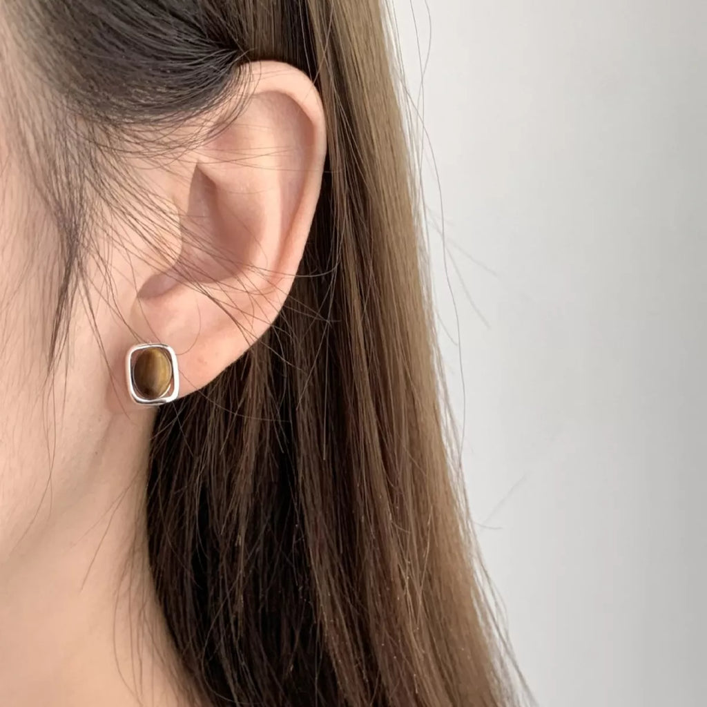Square Tiger Eye Stud Earrings – Sterling Silver Gemstone - QandCo - trending