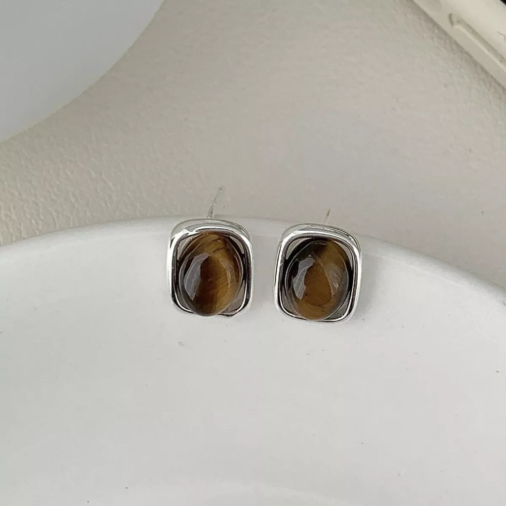 Square Tiger Eye Stud Earrings – Sterling Silver Gemstone - QandCo - trending