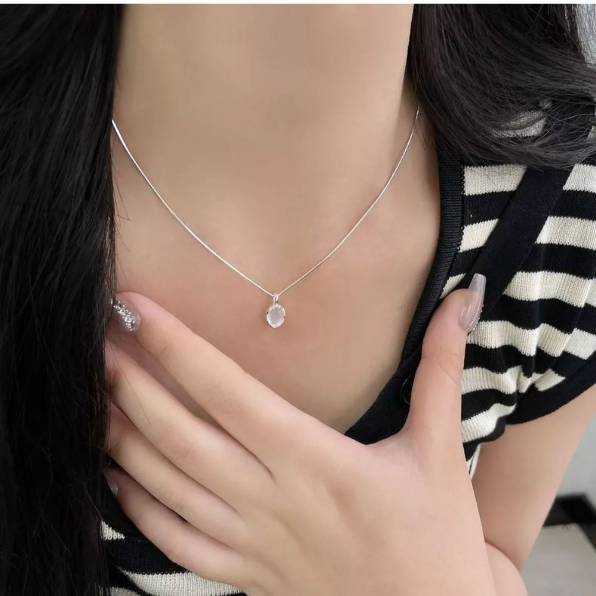 925 Sterling Silver Agate Pendant Necklace Silver One Size - QandCo - trending