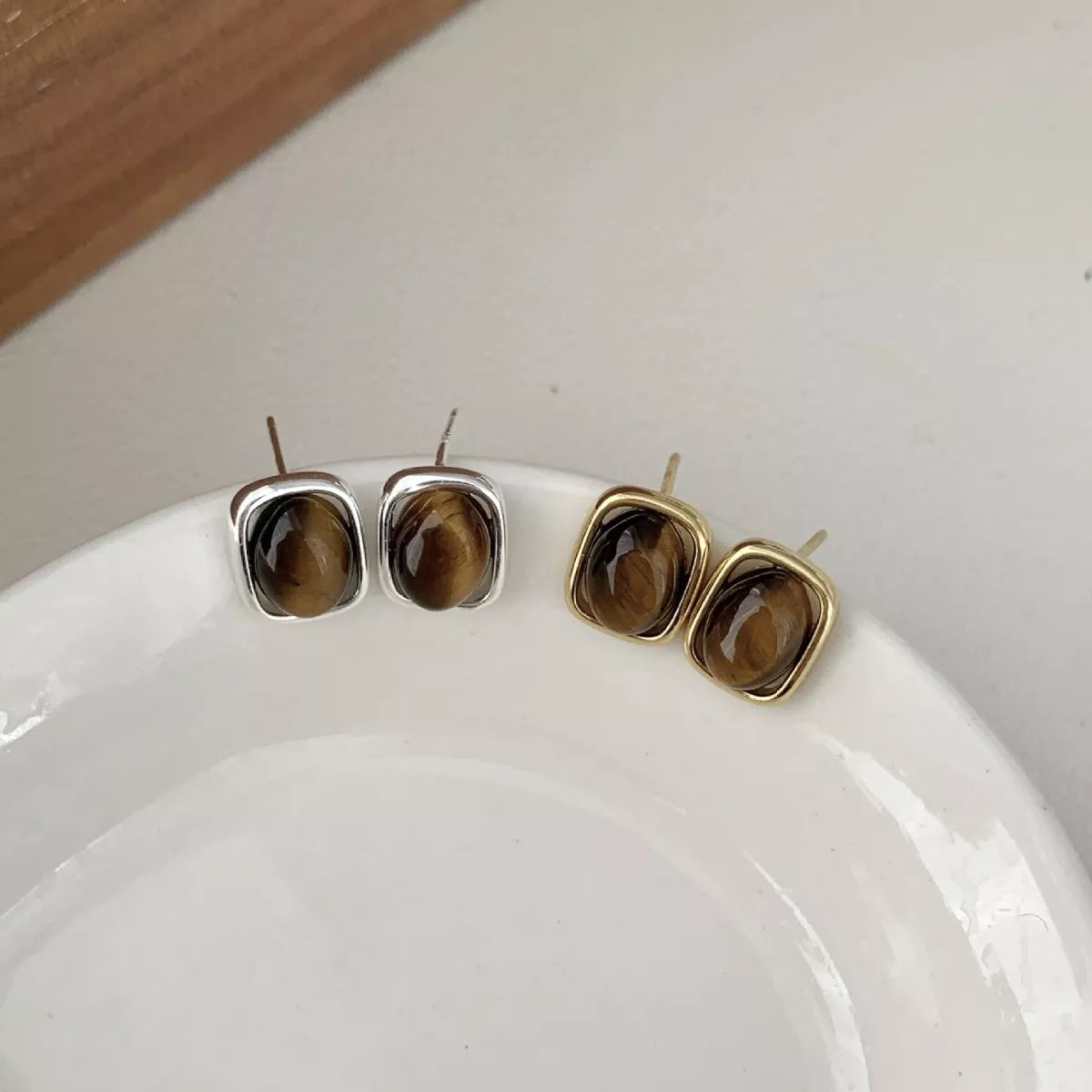Square Tiger Eye Stud Earrings – Sterling Silver Gemstone - QandCo - trending