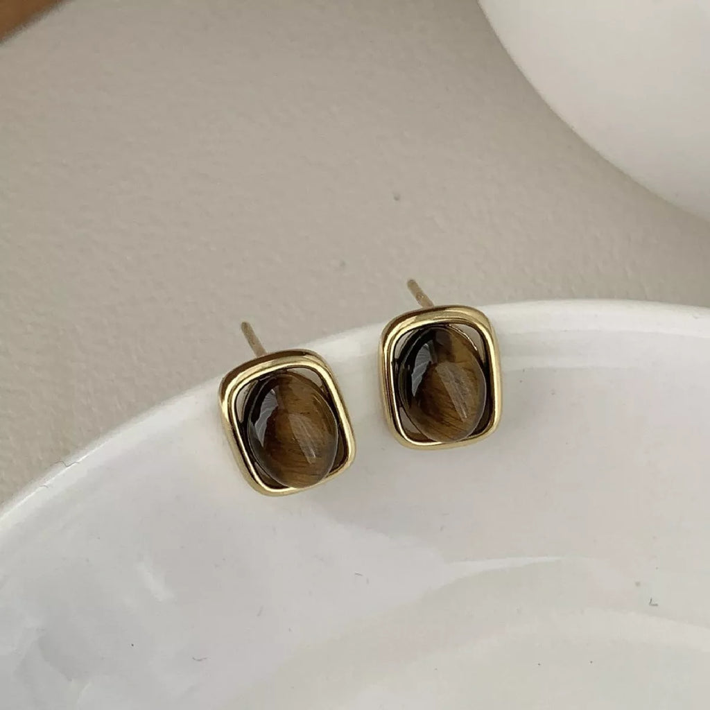 Square Tiger Eye Stud Earrings – Sterling Silver Gemstone - QandCo - trending