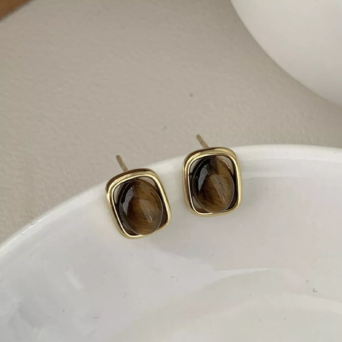 Square Tiger Eye Stud Earrings – Sterling Silver Gemstone - QandCo - trending