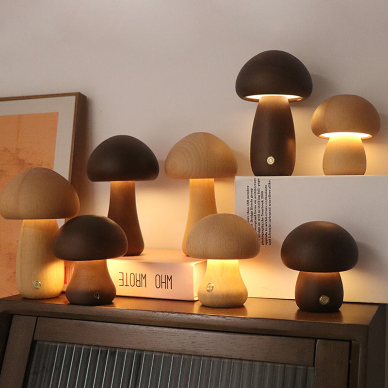 Wooden Mushroom LED Night Light – Touch Bedside Lamp - QandCo - trending