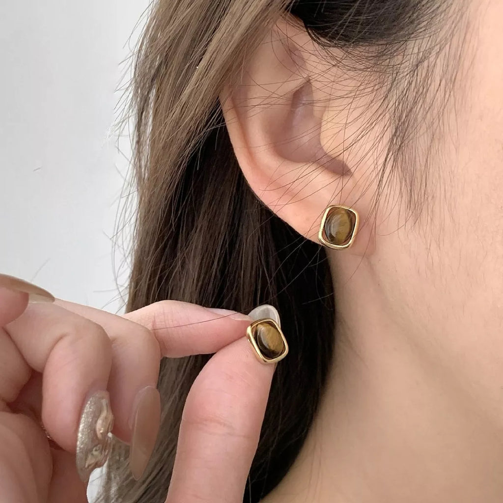 Square Tiger Eye Stud Earrings – Sterling Silver Gemstone Gold Color One Size - QandCo - trending