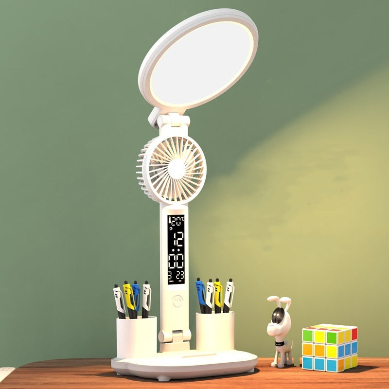 LED Clock Desk Lamp | USB Rechargeable Foldable Dimmable Reading Fan Night Light