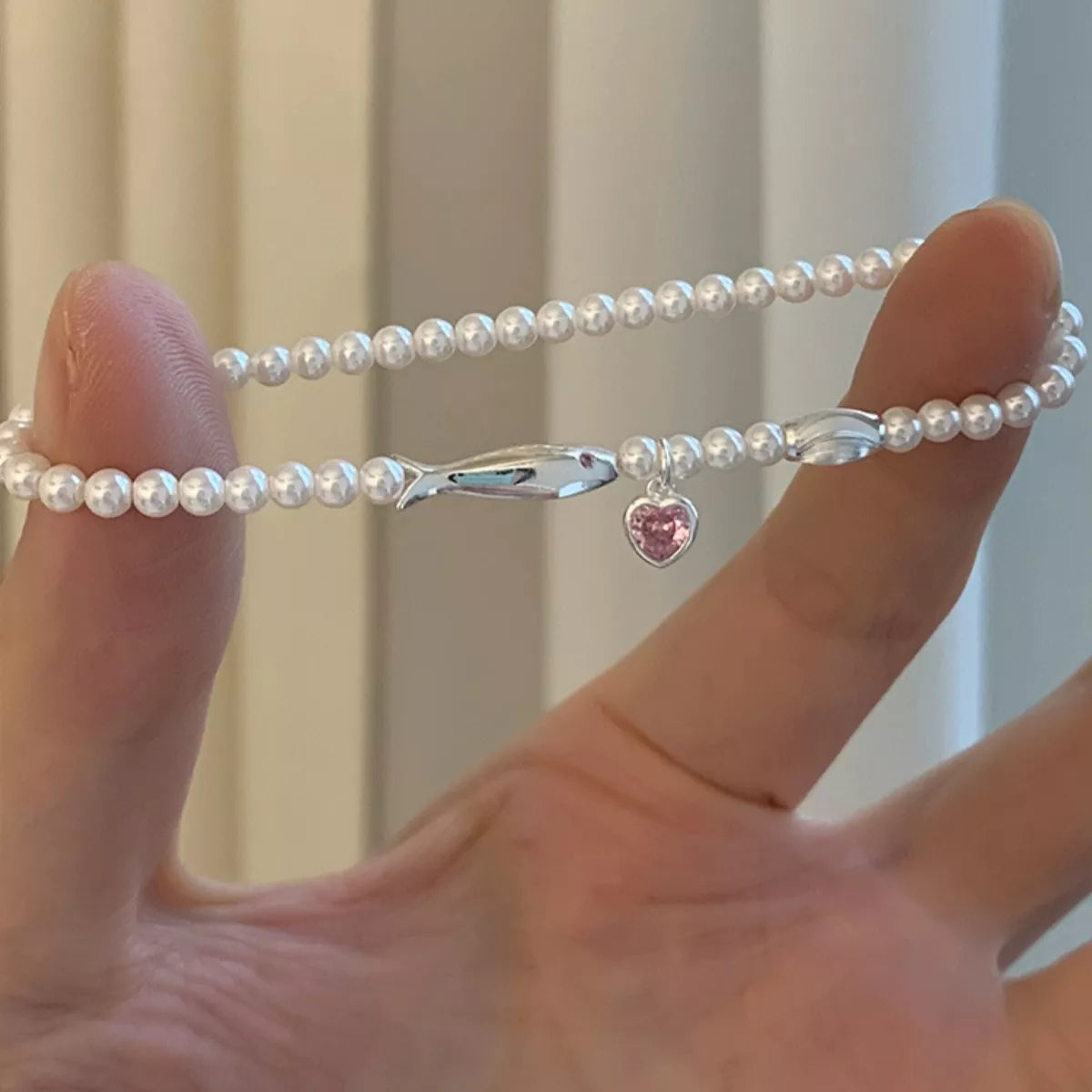 Pearl Fish Bracelet With Heart Charm – Sterling Silver Jewelry - QandCo - trending